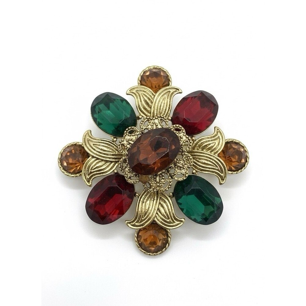 Large Gold Tone Floral Brooch - Multi-Color Faux Gemstone Pin Costume Jewelry